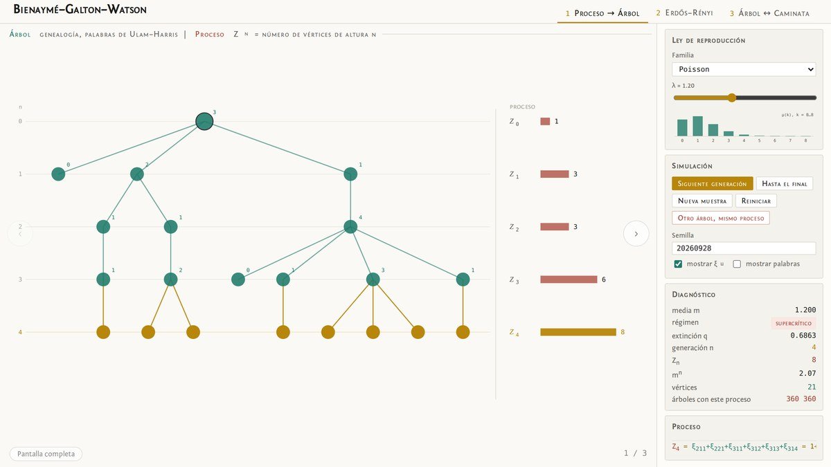 A Galton–Watson tree drawn over four generations, next to the bar chart of the generation sizes.